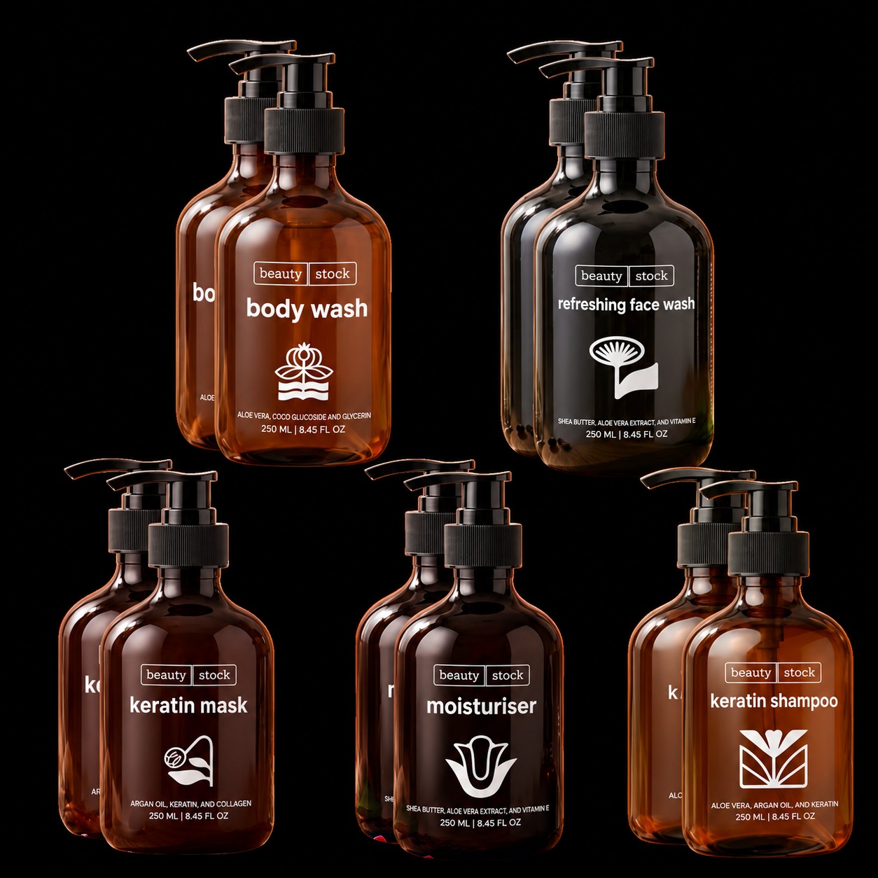 Beauty Stock Five-in-One Complete Care Combo – 2 Keratin Repair Shampoo, 2 Hair Mask, 2 Face Wash, 2 Body Wash & 2 Moisturiser